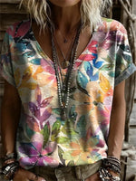 Colourful Leaf Print V-neck Short Sleeve T-Shirt