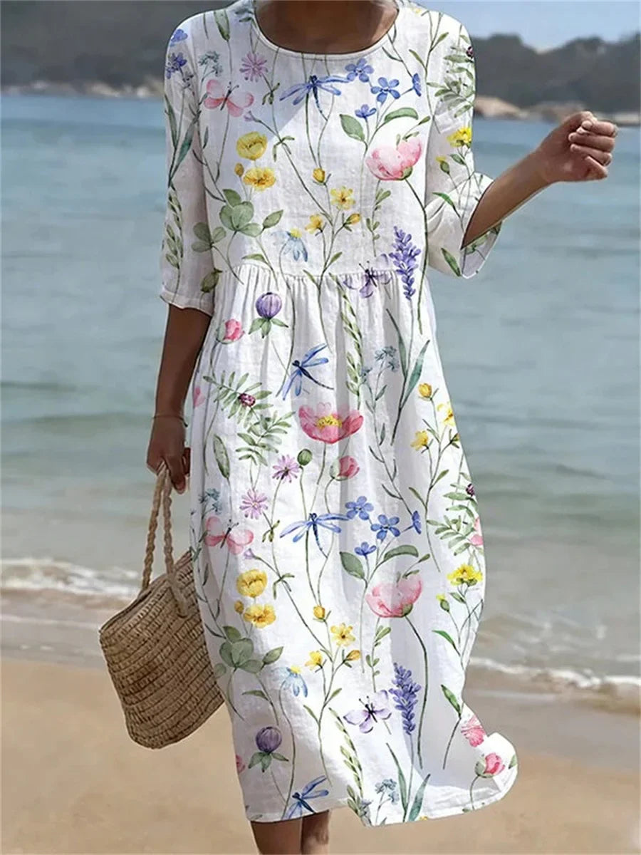 Casual Floral Print Round Neck 3/4 SleeveDress