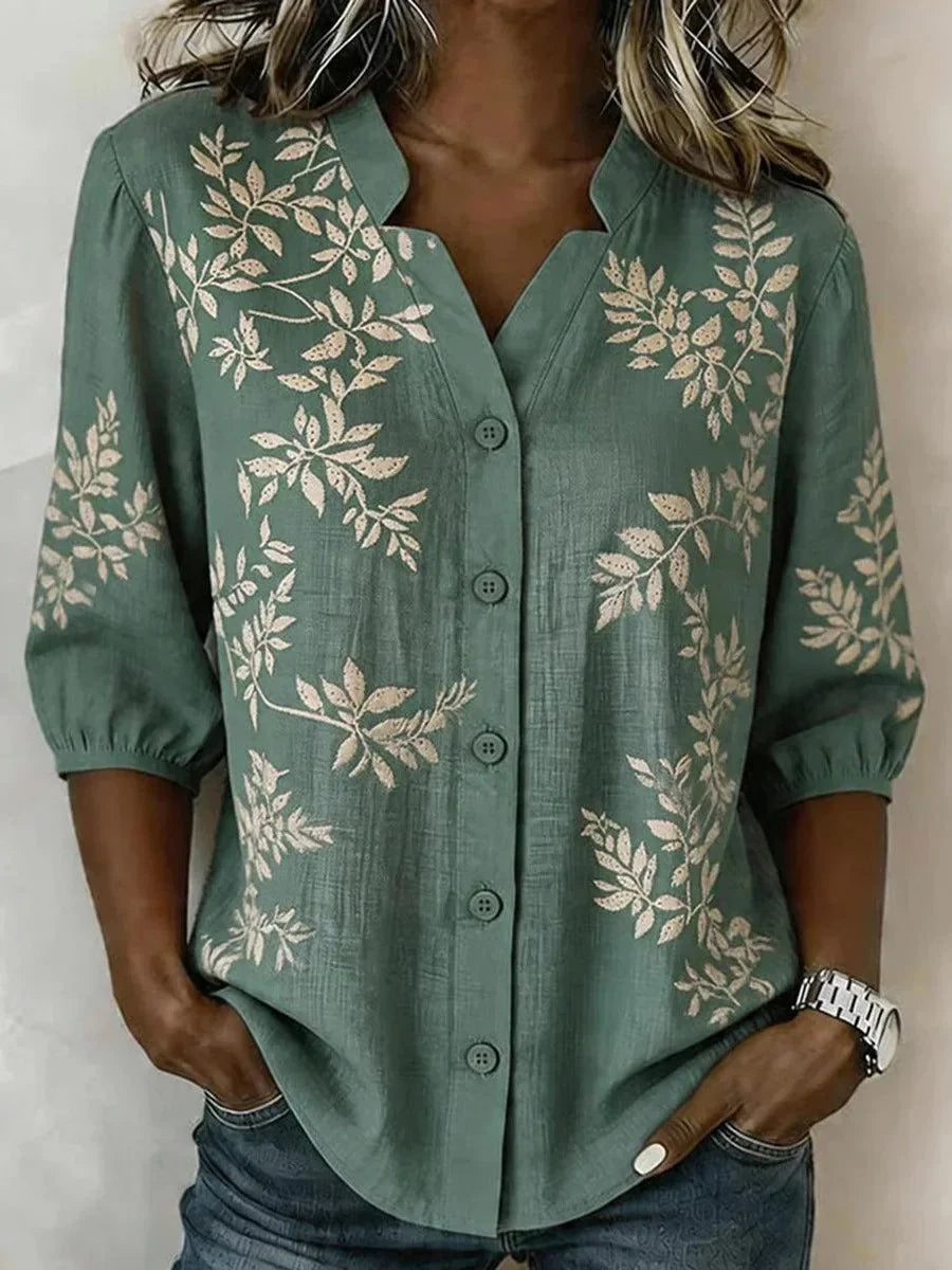 Green Leaf Print Button-Front 3/4 Sleeve Blouse