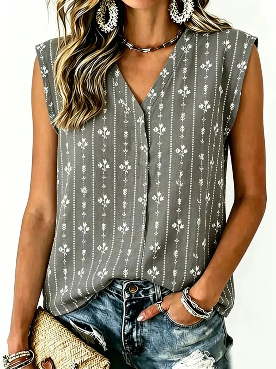Floral Stripe Print V-Neck Sleeveless Blouse