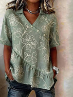 Green Floral Print Short Sleeve Asymmetric Ruffle Blouse