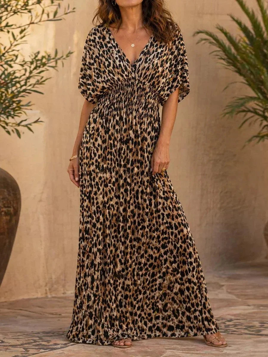 Leopard Print V-neck Short Sleeve Smocked Waist Kimono Maxi Dress