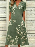 Green Leaf Print V-neck Short Sleeve Midi Dress