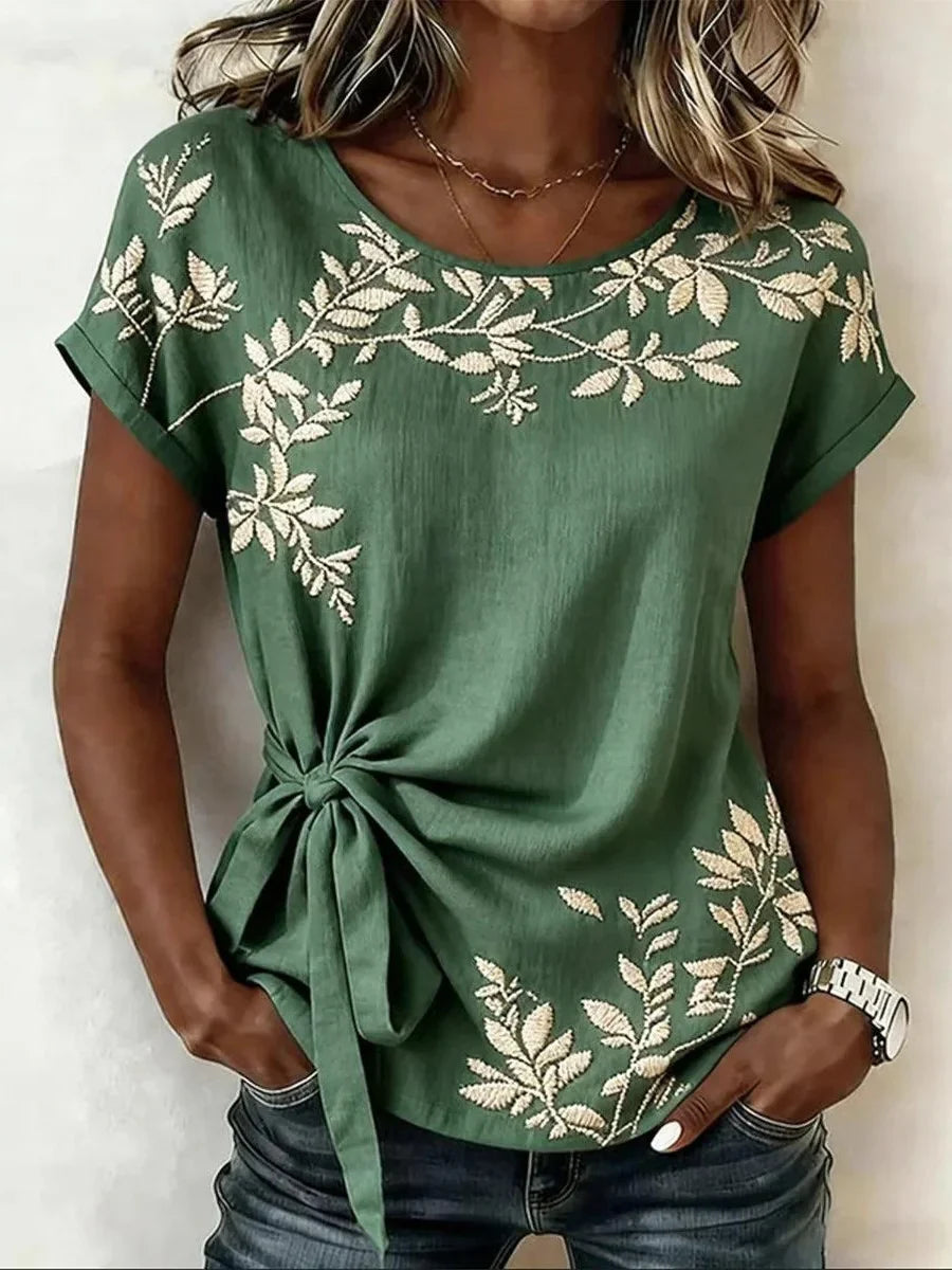 Green Floral Print Tie-Waist Round Neck Short Sleeve Top