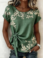 Green Floral Print Tie-Waist Round Neck Short Sleeve Top