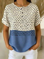 Multicolor Polka Dot Color Block Round Neck Short Sleeve Waffle Knit Top