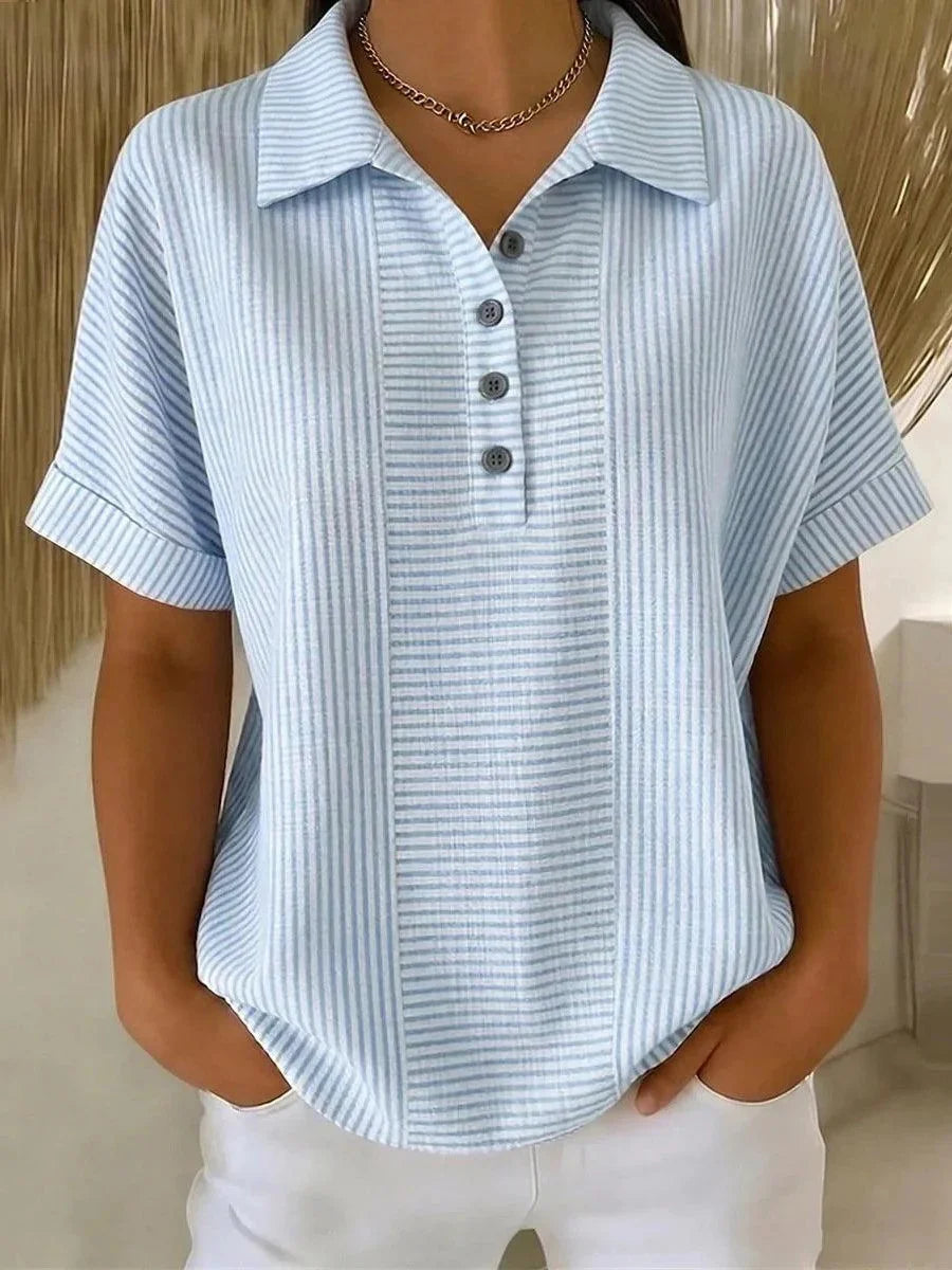 Light Blue Stripe Polo Neck Short Sleeve Casual Top