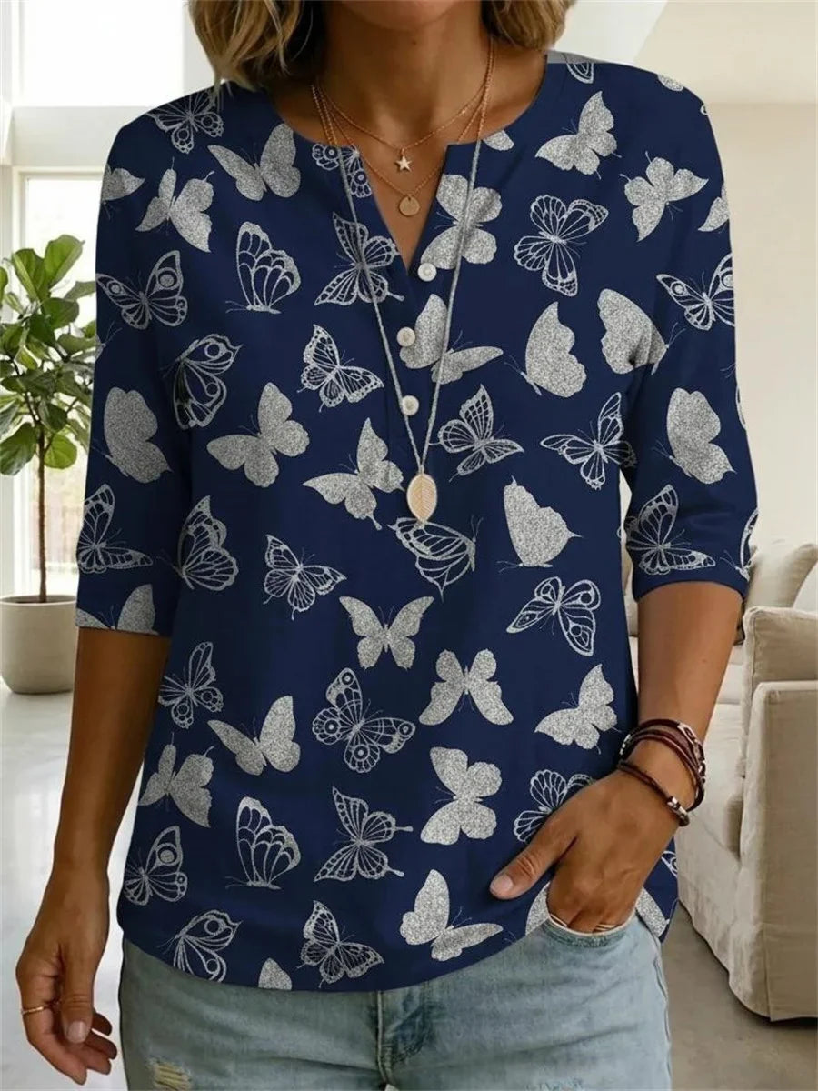 Navy Butterfly Print 3/4 Sleeve Top