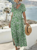 Green Floral Print V-Neck Short Sleeve Maxi Dress