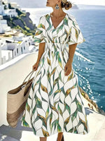 Green Leaf Print V-Neck Short Sleeve Smocked Waist Maxi Dress