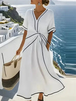 White Black Trim Twist-Waist V-Neck Short Sleeve Midi Dress