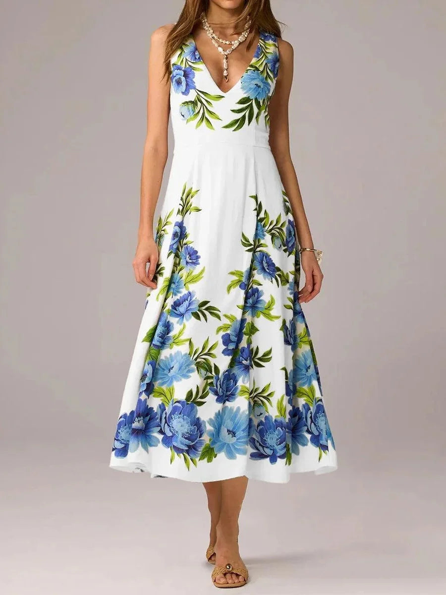 White Floral Print Sleeveless V-Neck Midi Dress