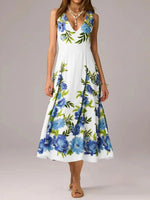 White Floral Print Sleeveless V-Neck Midi Dress