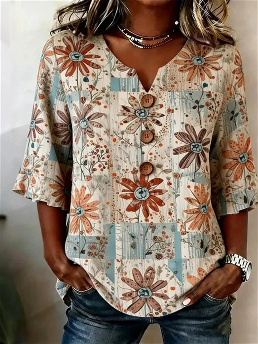 Vintage Floral Print 3/4 Sleeve Blouse