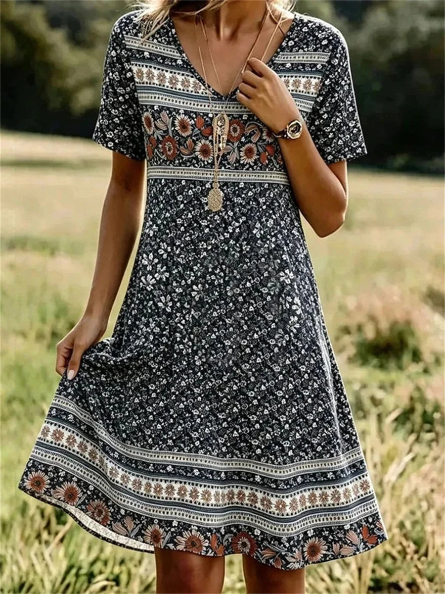 Vintage Floral Print V-neck Short Sleeve Dress