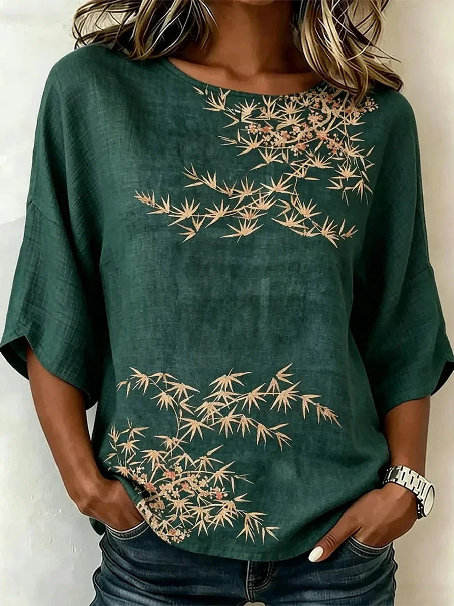 Green Bamboo Print Round Neck 3/4 Sleeve Top