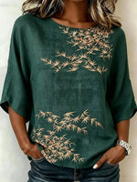 Green Bamboo Print Round Neck 3/4 Sleeve Top