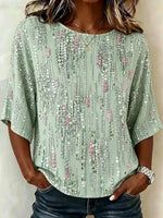 Mint Green Abstract Print Round Neck 3/4 Sleeve Top