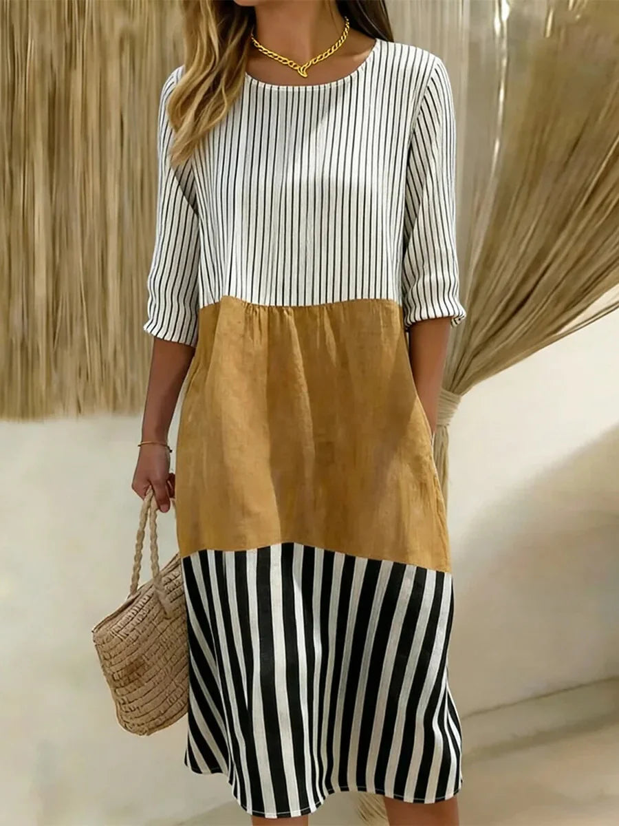 Color-Block Stripe Round Neck 3/4 Sleeve Midi Dress