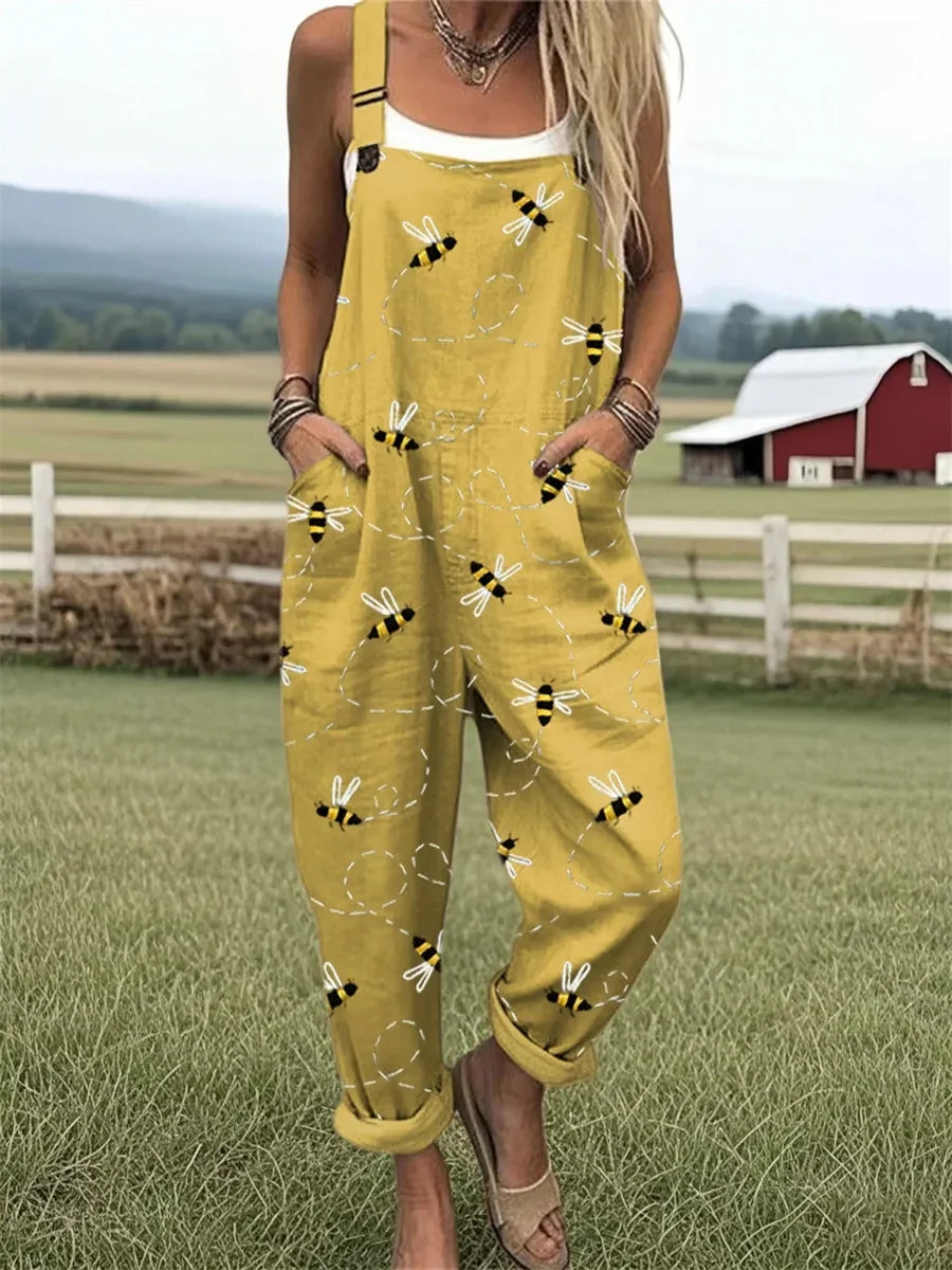 Women's Flying Bees Embroidery Pattern Casual Wide Leg Jumpsuit