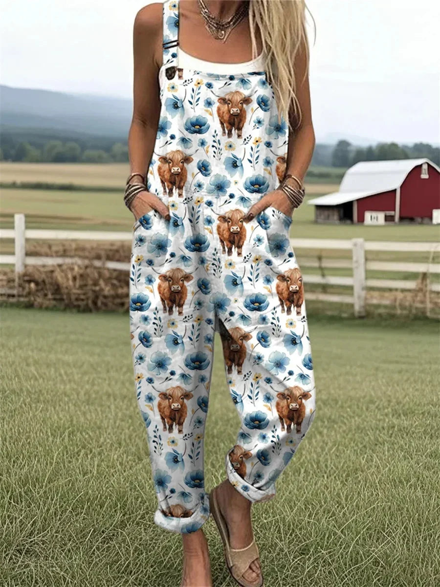 Women's Highland Cow Floral Print Casual Wide Leg Jumpsuit