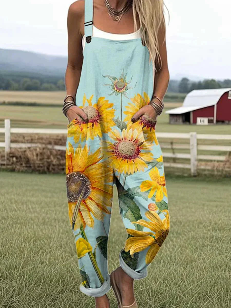 Women's Lovely Sunflowers Pattern Art Print Casual Wide Leg Jumpsuit