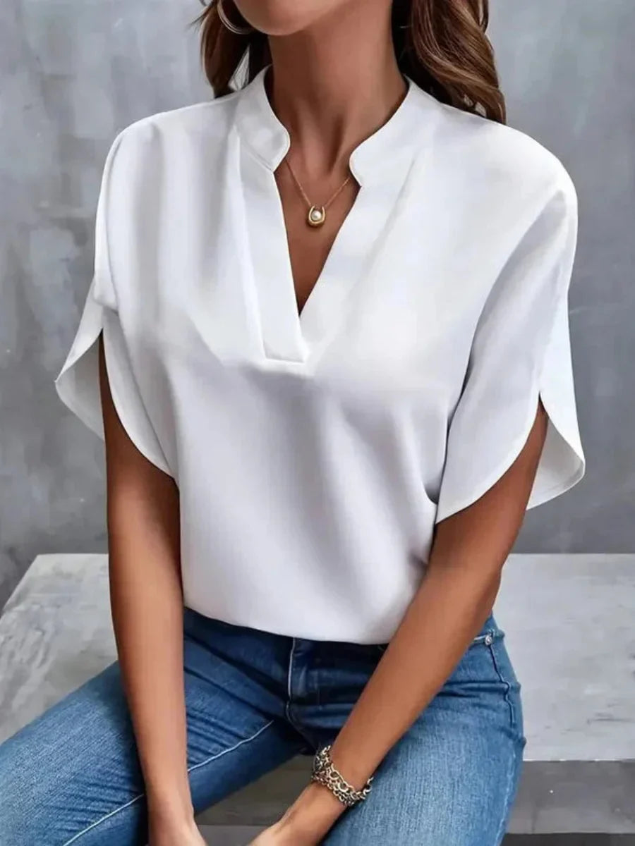 Casual Solid Colour V-neck Short Sleeve Blouse