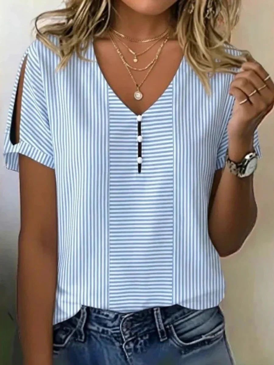 Casual Striped V-neck Short Sleeve Blouse