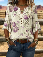 Vintage Floral Print V-neck 3/4 Sleeve Blouse