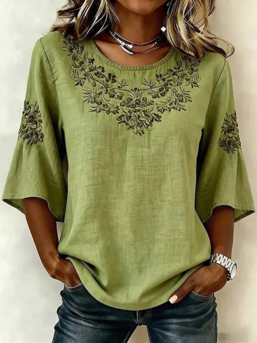 Vintage Casual Round Neck 3/4 Sleeve Blouse