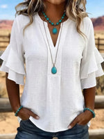 Casual Solid Colour V-neck 3/4 Sleeve Blouse