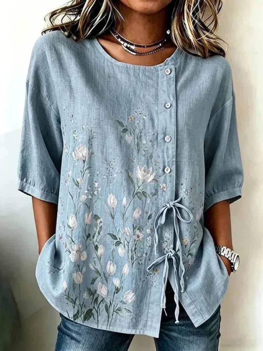 Vintage Floral Print Round Neck Half Sleeve Blouse