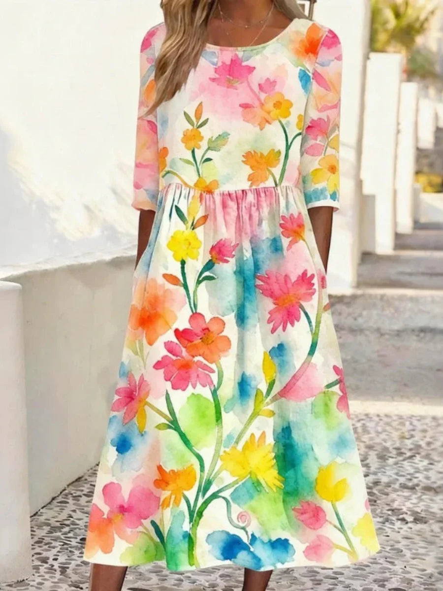 Vintage Floral Print Round Neck 3/4 Sleeve Dress