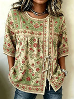 Vintage Floral Print Round Neck Half Sleeve Blouse
