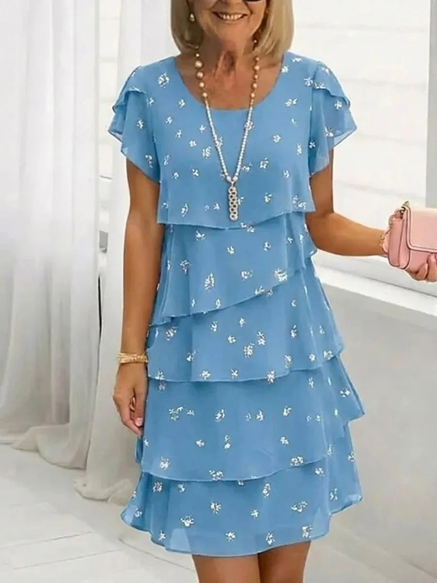 Light Blue Floral Print Round Neck Short Sleeve Layered Chiffon Shift Dress
