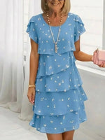 Light Blue Floral Print Round Neck Short Sleeve Layered Chiffon Shift Dress