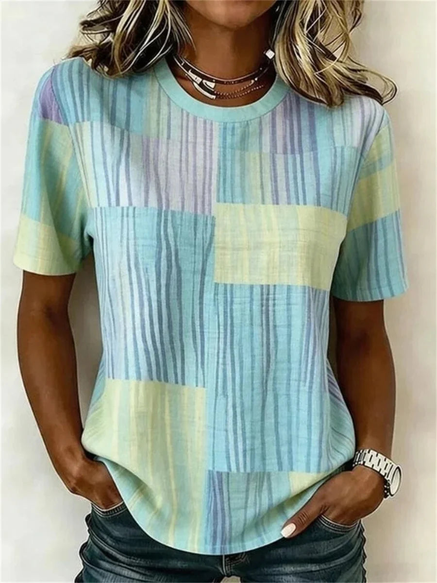 Vintage Striped Round Neck Short Sleeve T-Shirt