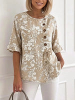 Champagne Floral Print Round Neck 3/4 Sleeve Top