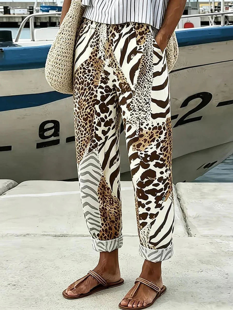 Zebra Leopard Mix Print Elastic Cuff Casual Jogger Pants