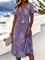 Lavender Watercolor Leaf V Neck Short Sleeve Loose Pocket Midi Dress