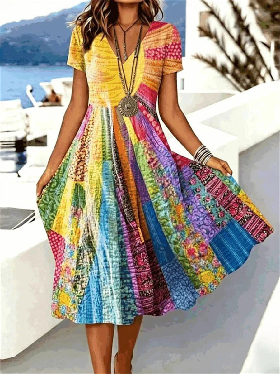Vintage Colourful V-neck Short Sleeve Dress