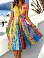 Vintage Colourful V-neck Short Sleeve Dress