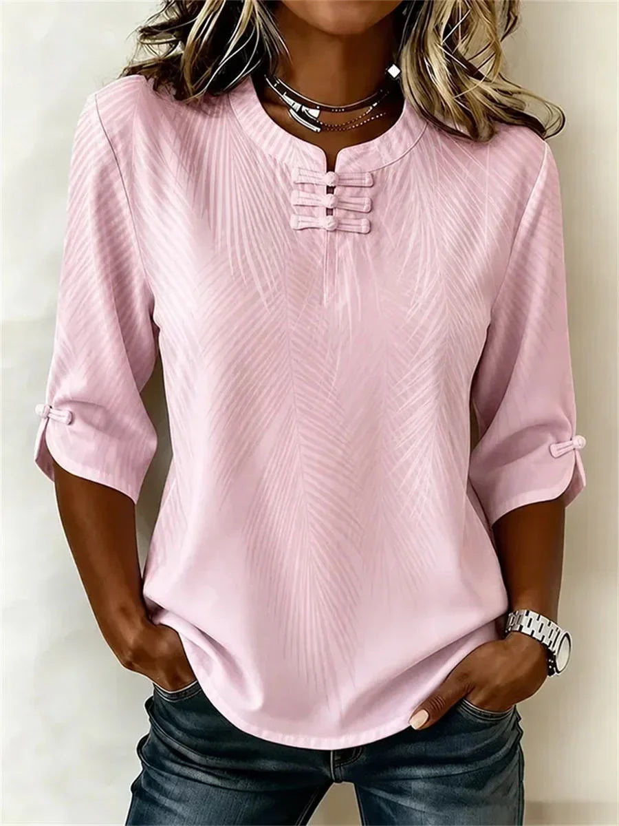 Mandarin Collar Half Sleeve Abstract Printing Regular Micro-Elasticity Regular Fit Blouse For Women