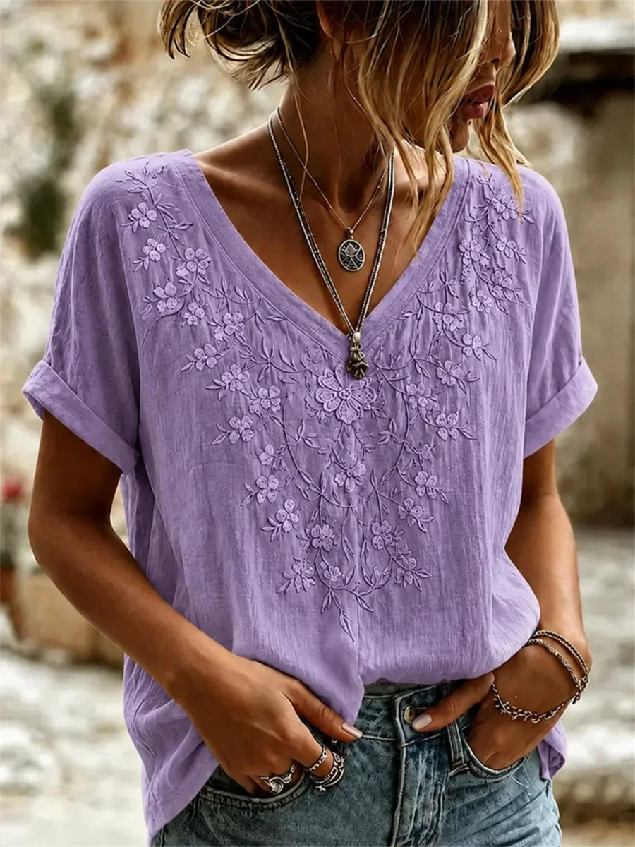 Vintage Floral V Neck Short Sleeve T-shirt