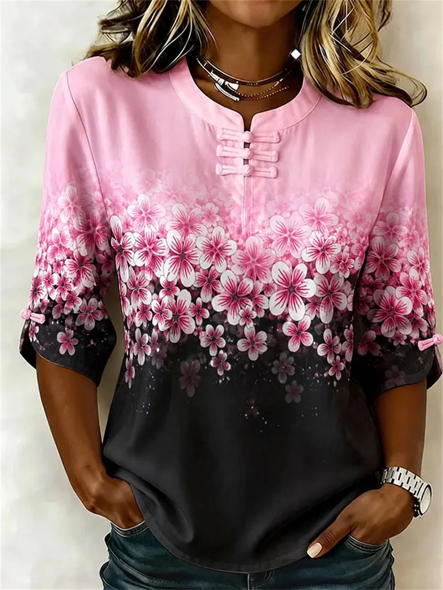 Mandarin Collar 3/4 Sleeve Floral Printing Regular Micro-Elasticity Regular Fit Blouse For Women
