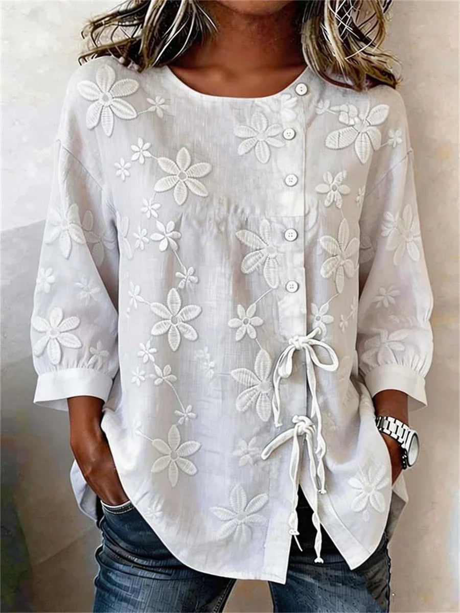 Crew Neck 3/4 Sleeve Floral Printing Lightweight Micro-Elasticity Regular Fit Shirt For Women