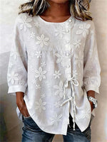 Crew Neck 3/4 Sleeve Floral Printing Lightweight Micro-Elasticity Regular Fit Shirt For Women