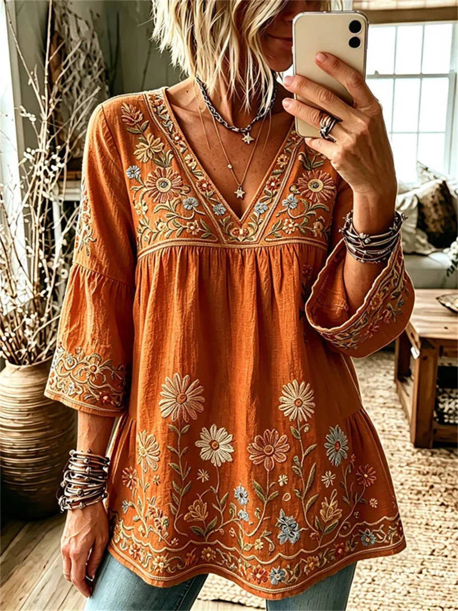 Vintage Floral Print V-neck 3/4 Sleeve Blouse
