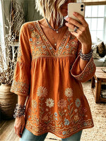 Vintage Floral Print V-neck 3/4 Sleeve Blouse