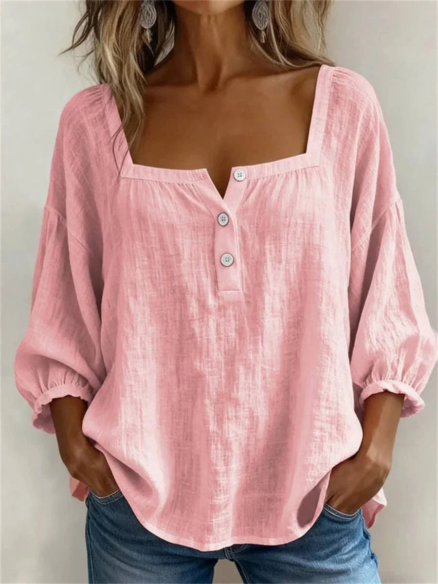 Casual Solid Colour Square Neck Long Sleeve Blouse